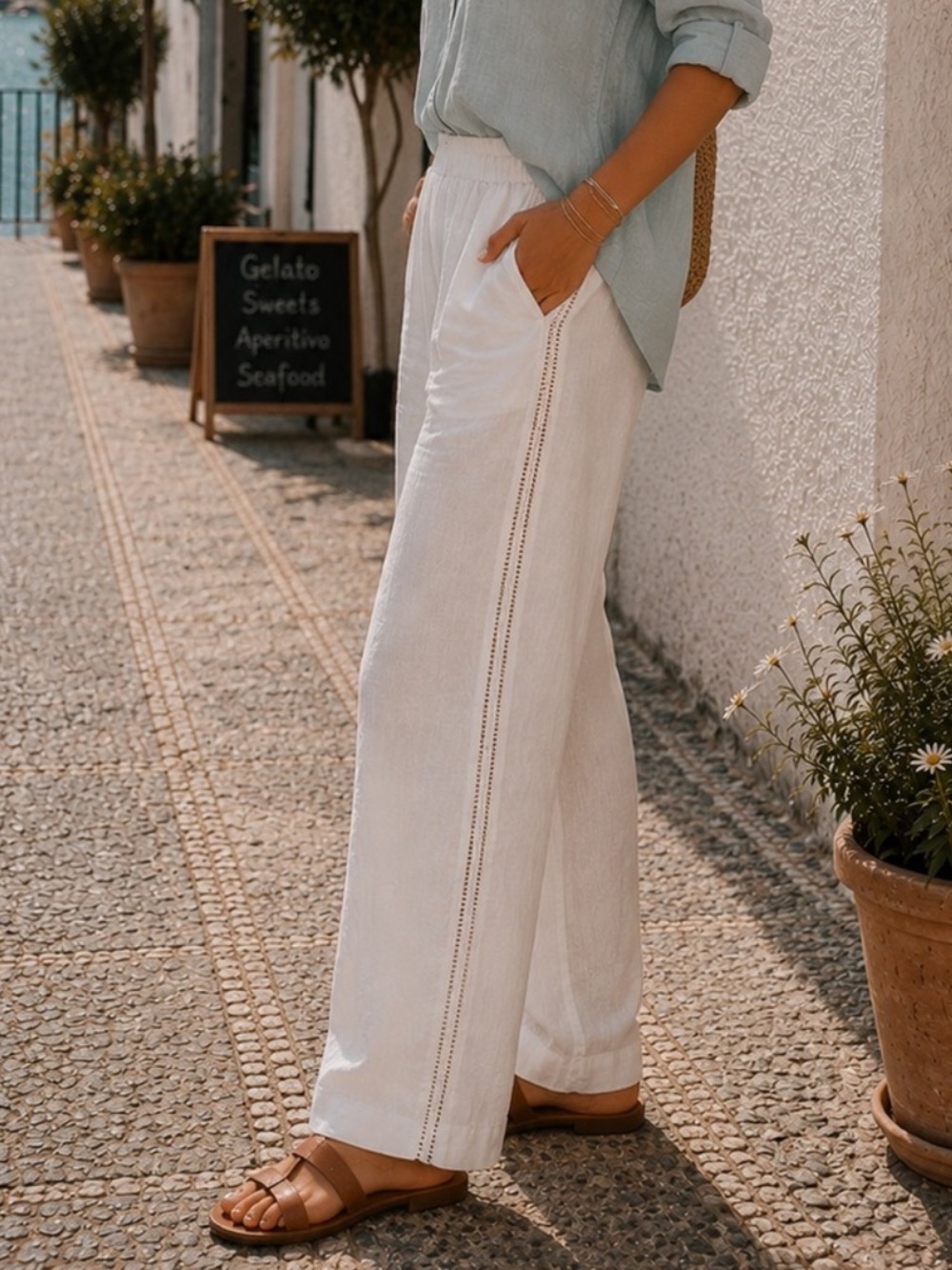 Jolie White Linen Wide Leg Pants Size Large  Side Knit Detail  Coastal Resort
